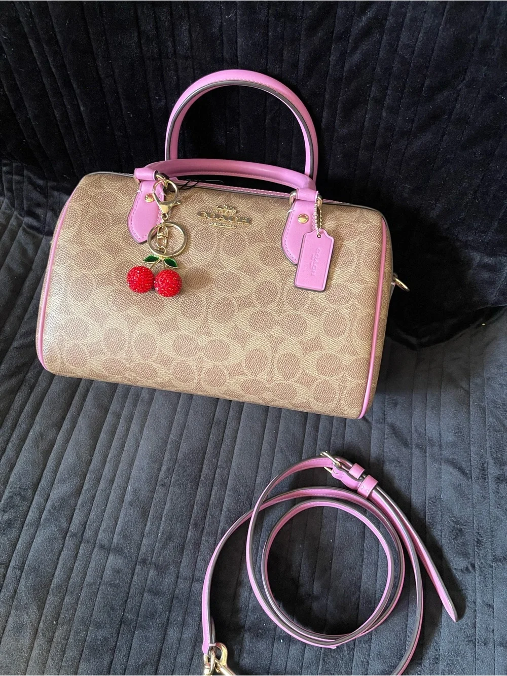 Coach Brown Signature Satchel with Pink Trim and Cherry Charm